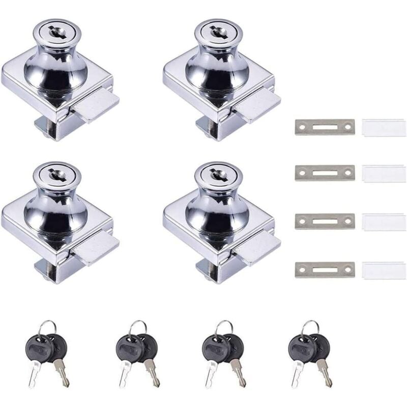 ZVD - Glass Door Lock, 4 Pieces Cam Locks, Glass Door Cabinet Showcase Safety Lock for 5-8mm (0.2-0.31') Glass Door No Drilling with 8 Keys