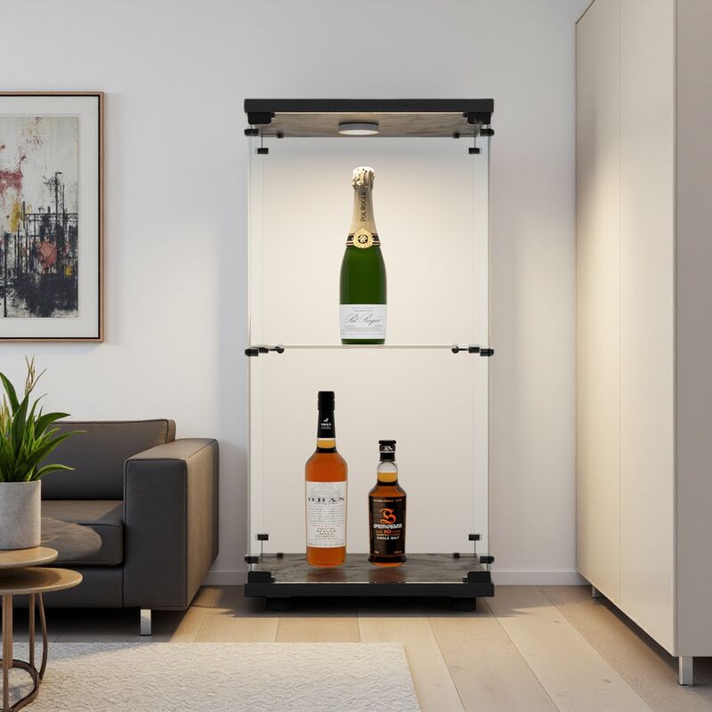 Glasvitrine, 15,8 x 14,37 x 33,93 Zoll, Moderne Glasschränke, Einzeltür, 2-lagig, mit Beleuchtung und Schloss, für Sammlerstücke, Bücher, Wein, für