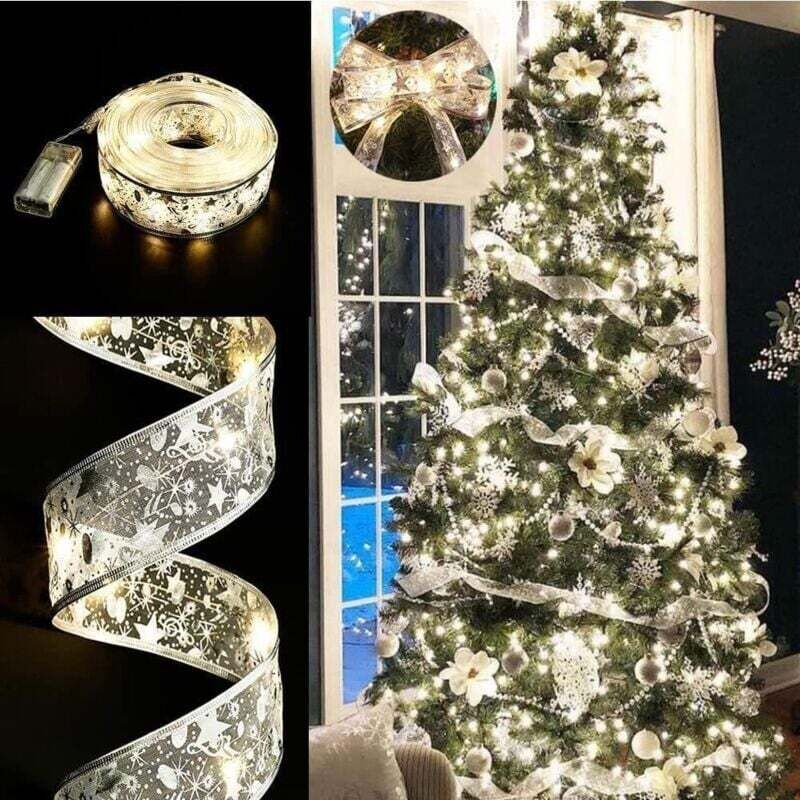 Glitzernde LED-Lichterkette „Silber-1“ mit Schleife für den Weihnachtsbaum (warmweiß), Länge: 5 m