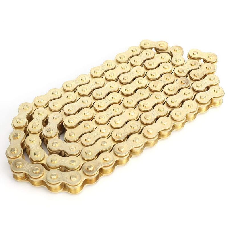 Goldfarbene Motorradkette mit Schnalle, 48 Außenglieder, 420 Ersatz-Antriebskette für Quads, Offroad-Motorräder und 50, 110 und 125cc Karts.