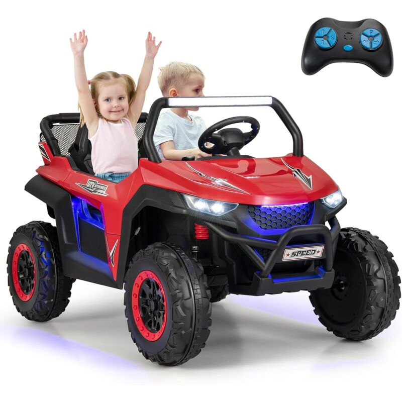 12V Kinder Elektroauto, 2-Sitzer Kinderfahrzeug mit 2,4 GHz Fernbedienung, Scheinwerfer, Musik, Coolen Lichteffekten & Aufbewahrungstasche,