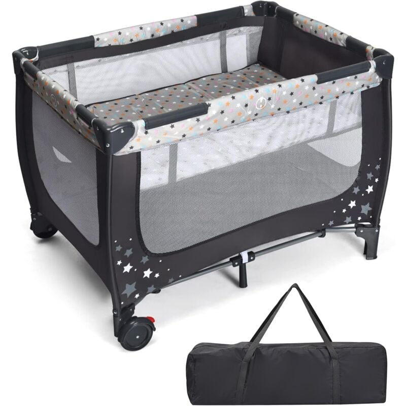 GOPLUS 2 in 1 Baby Reisebett mit Matratze, Baby Laufstall mit Netzwand & 2 Raedern mit Bremse, Klappbares Kinderbett aus Oxford-Tuch mit Tragetasche
