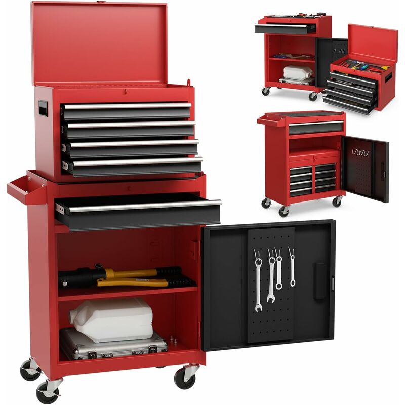 2 in 1 Werkzeugschrank aus Metall, kombinierter Rollschrank mit tragbarem Werkzeugkasten, mobiler Werkstattwagen mit 5 Schubladen & Antirutschmatten,