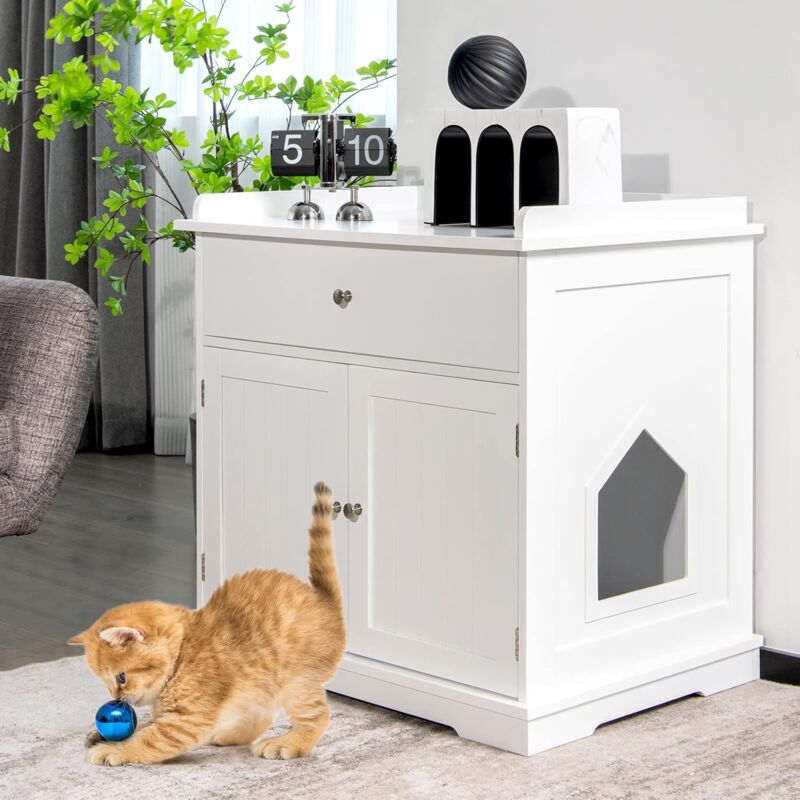 Goplus - 3 in 1 Katzentoilettengehaeuse, Katzentoilette mit Schubladen, Doppeltüren und Katzenloechern, versteckte Katzentoilette,