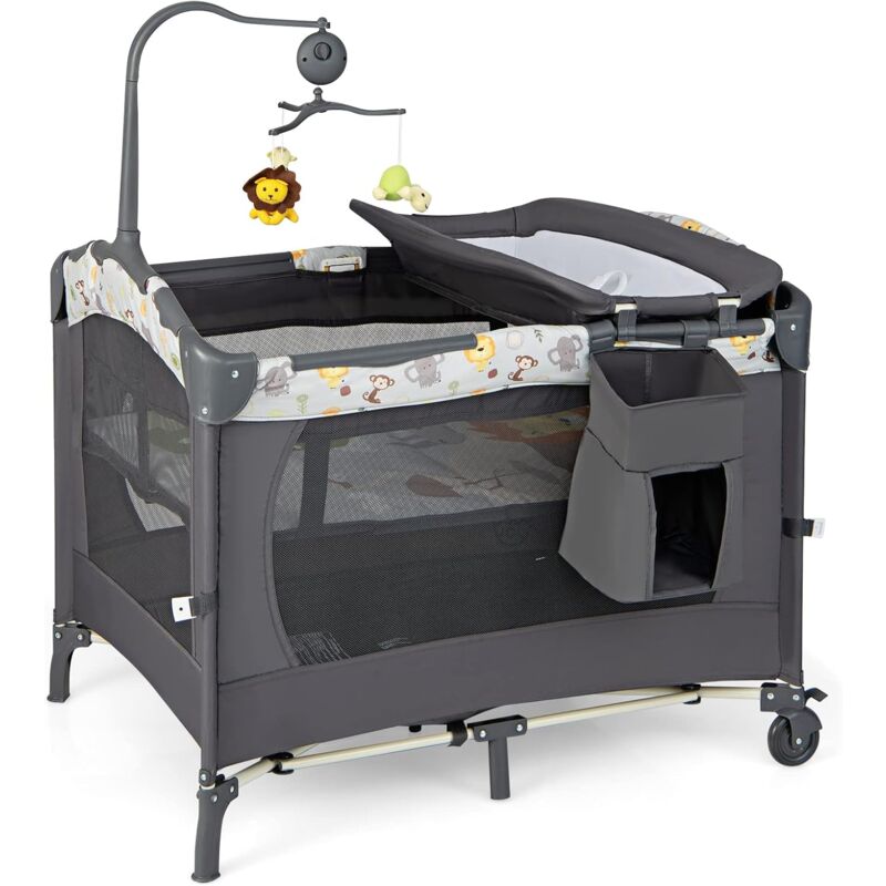 3 in 1 klappbares Babyreisebett, Wickelauflage & Laufstall & Kinderbett, Reisebett auf Rollen, inkl. Musikbox, Spielbogen, höhenverstellbare Matraze,