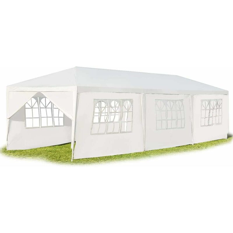 3 x 9 m Partyzelt, Pavillon Zelt mit 8 Seitenwaende mit Fenstern, Festzelt mit Metall - Konstruktion aus pe- Plane, für Feste Party Hochzeit, Weiss
