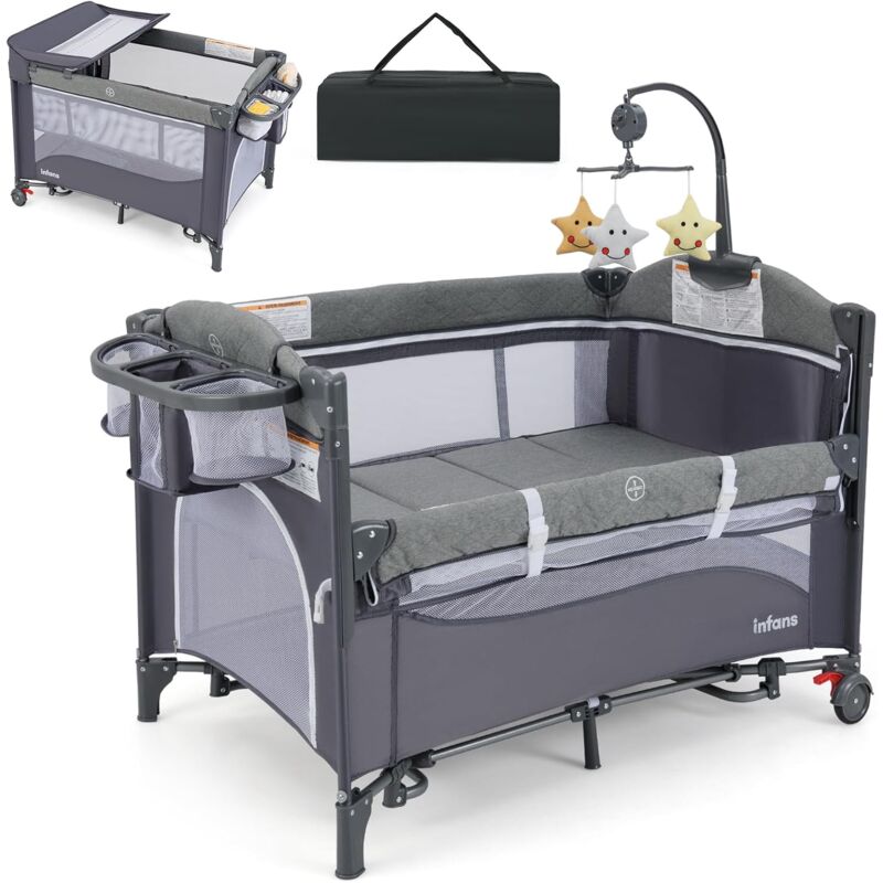 5 in 1 Kinderreisebett, höhenverstellbares Babybett mit abnehmbarem Wickeltisch, Aufbewahrungskorb & Spielzeug, rollbares Beistellbett mit