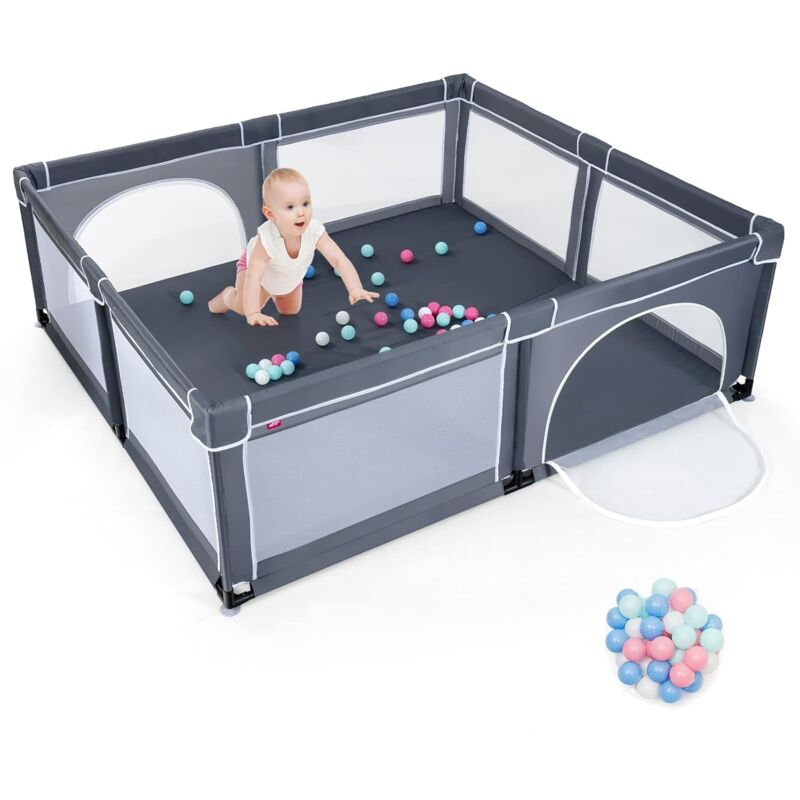 GOPLUS Baby Laufstall mit 50 Spielbaellen, 206x186cm, Krabbelgitter für Kleinkinder & Saeulinge, stabiler Laufgitterzelt mit atmungsaktivem Netz,