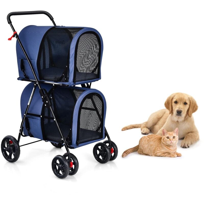 Doppelschichtiger faltbarer Haustierwagen, 2-stufiger 3-in-1 Haustierwagen auf Rädern, 2 Bremsen, Abnehmbare Taschen, Klappbare Stahlstruktur, für