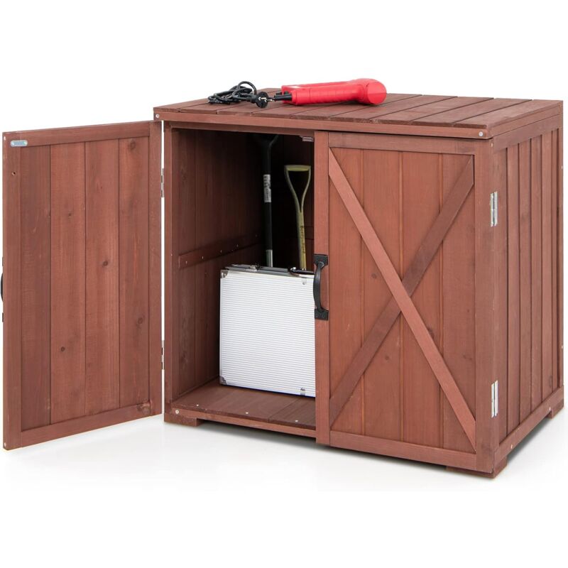 Gartenschrank Holz, Garten Lagerschrank mit Griffen, Geräteschrank, Schuppen Schrank klein für Garten & Hinterhof, 77 x 56 x 72 cm, Braun - Goplus