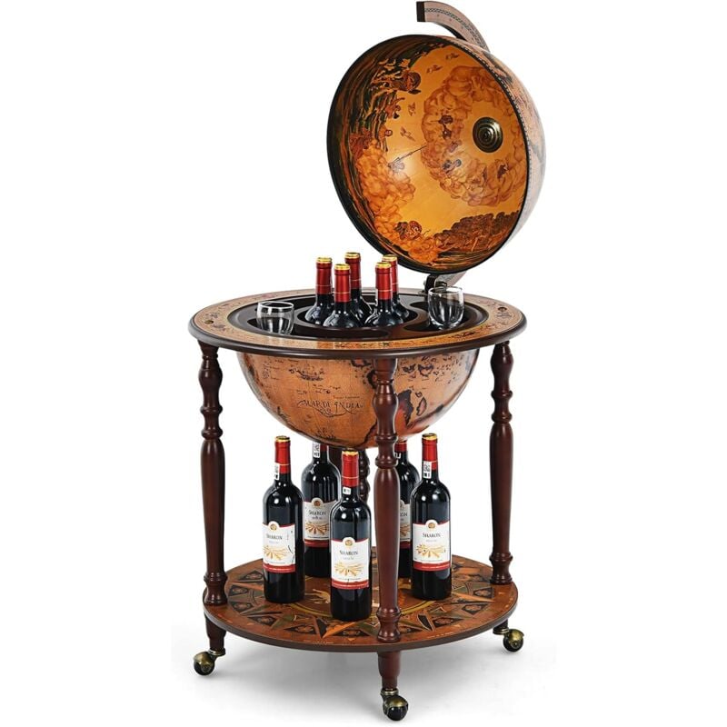 Goplus - Globusbar mit Rollen, Minibar Massivholz, Weinhalter mit Weltkarte, 2 Ebenen Tischbar mit Bodenplatte, Servierwagen, Flaschenregel für Wein,
