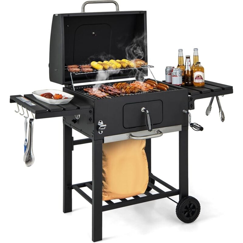GOPLUS Holzkohlegrill mit Deckel, Grillwagen auf 2 Rädern mit 2 klappbaren Seitentischen, 8 Haken, Thermometer & Flaschenöffner, BBQ Grill für