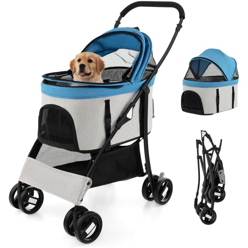 3 in 1 Hundewagen, Hundebuggy mit abnehmbarem Träger, verstellbarem Vordach, Netzeingang mit Reißverschluss & Bodenkorb, Haustiere Buggy für