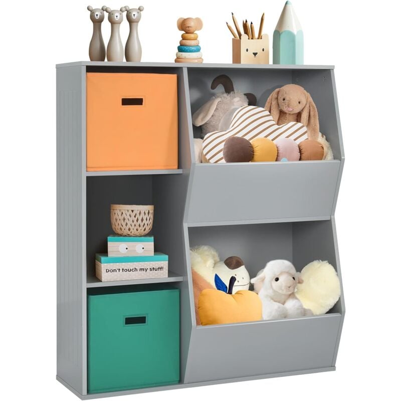 Kinder Bücherregal mit 5 Fächern, Spielzeugregal mit 2 Aufbewahringsboxen, Aufbewahrungsregal Kinder für Bücher & Spielzeug (Grau) - Goplus