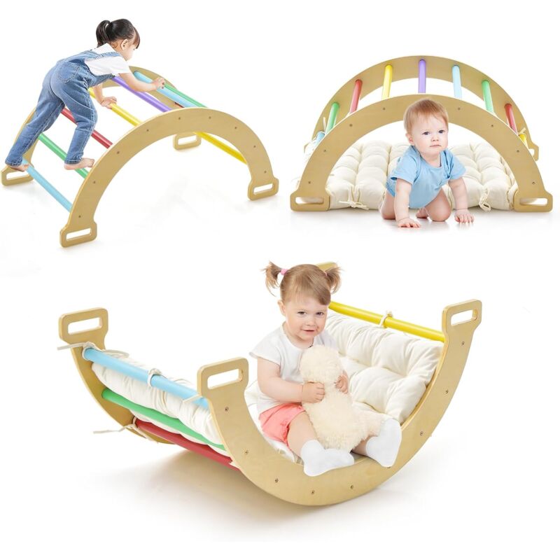 Goplus - Kinder Kletterbogen mit Kissen, Kletterdreieck Indoor aus Holz, Klettergerüst zum Wippen und Klettern, Holzkletterbogen und Wippe für Kinder