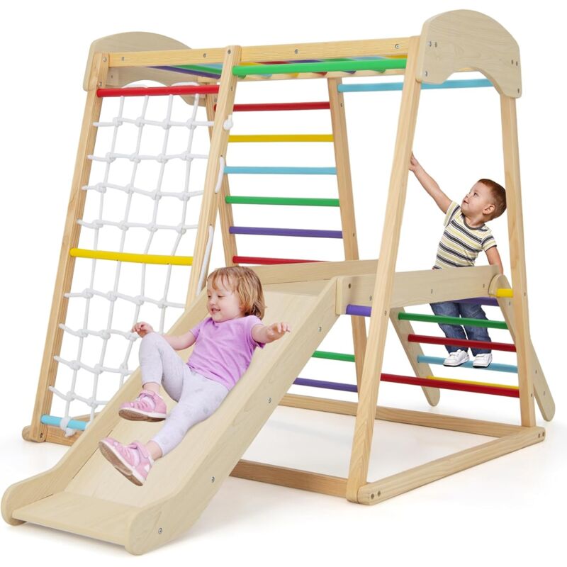Kinder Klettergerüst, Kletterspielzeug Set mit Kletterleiter & Rutsche & Kletternetz & Querstange, vielseitiger Spielturm, Kletterturm Indoor aus