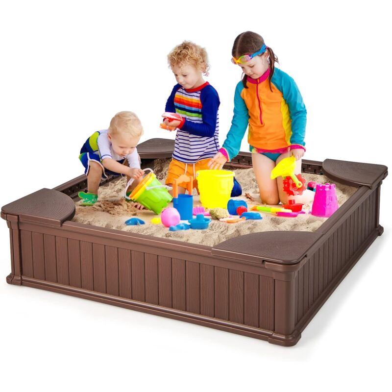 Goplus - Kinder Sandkasten 123,5 x 123,5 cm, Sandbox mit wetterfester Abdeckung & Polstertuch mit Löchern, Sandkiste mit 4 Sitzbänke, für Kinder ab 3