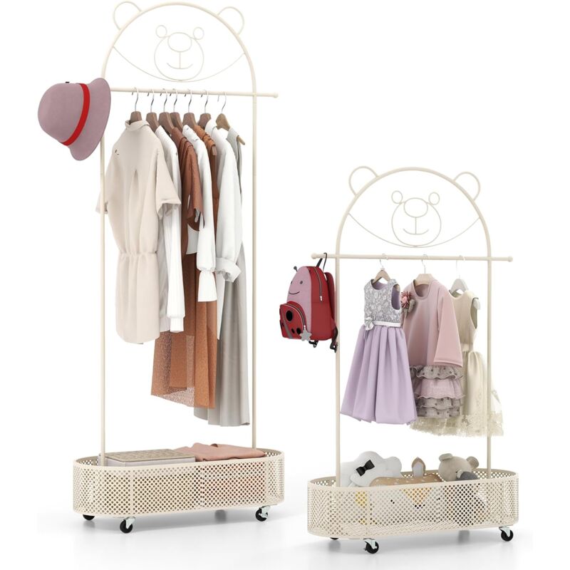 Kindergarderobe, Garderobe Kinder mit Kleiderstange & Ablage, Kleiderständer Kinder mit 3 einstellbaren Höhen & Rollen, Cartoon-Garderobe für