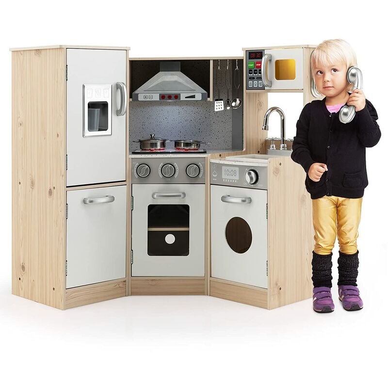 Kinderküche, Spielküche mit Umfangreichem Zubehoer, Dunstabzugshauben, Kochfelder, Backoefen, Mikrowellengeraete, Lichter und Geraeusche,