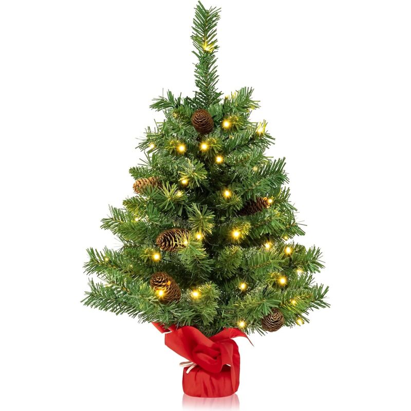 Mini-Weihnachtsbaum 64cm, Künstlicher Weihnachtsbaum mit 8 Beleuchtungsmodi, 75 PVC-Astspitzen, 50 LED-Lichtern, 8 Tannenzapfen & Zementsockel,