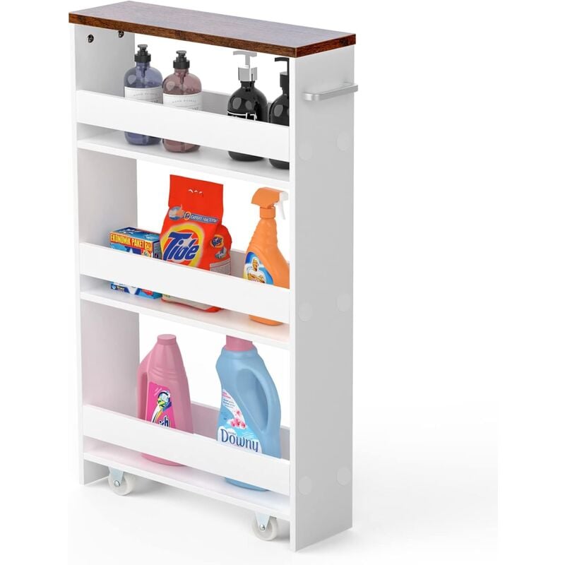 Nischenregal mit Rollen, 4 Ebenen Regalwagen mit Griff, Küchenschrank Badregal Rollregal für Küche Bad, Wäsche, weiß - Goplus