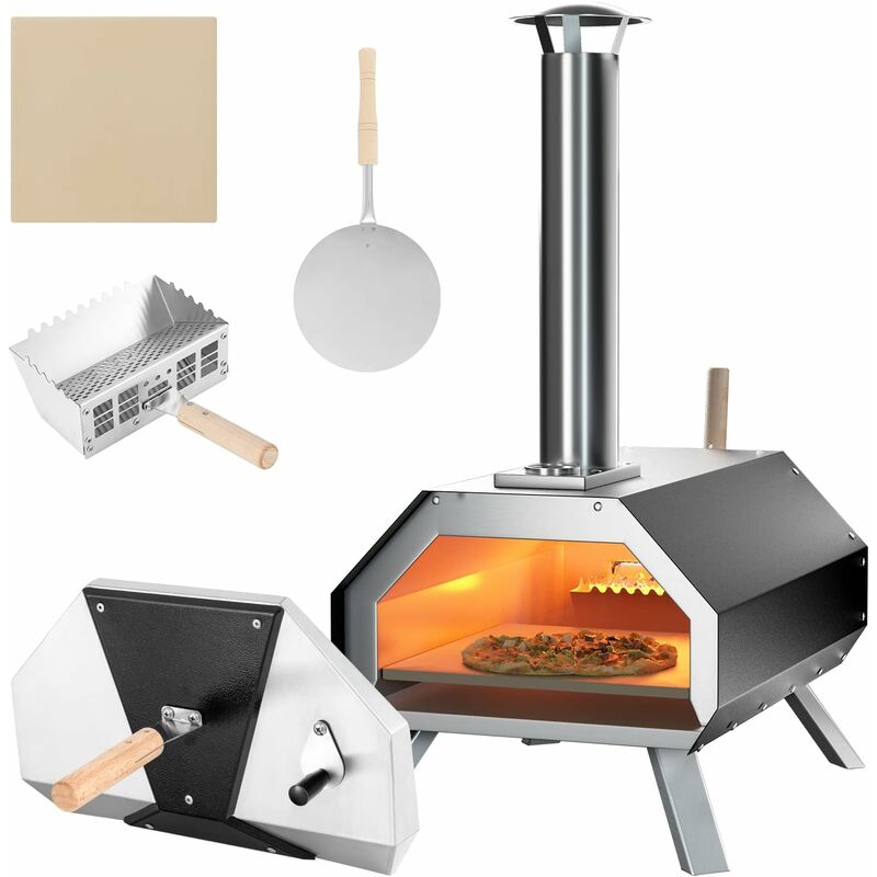 Outdoor Pizzaofen, Gartenofen aus Edelstahl mit Pizzastein, Pizzaschieber & Thermometer, tragbarer Holzofen mit faltbaren Beinen für Party, Camping &