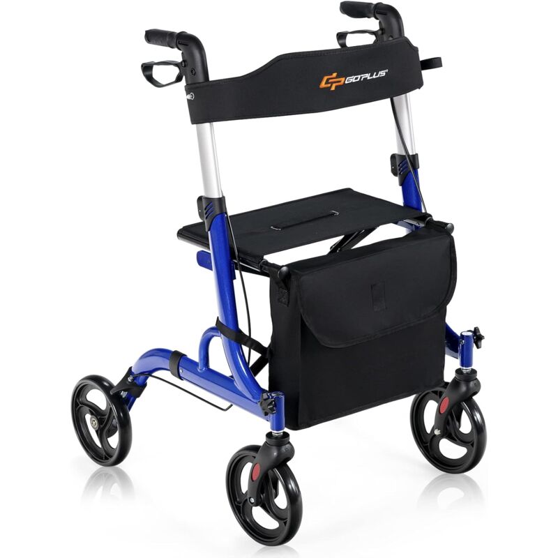 Goplus - Rollator faltbar, höhenverstellbare Gehhilfe inkl. Griffe & Sitz mit Rückengurt, Laufhilfe mit Rädern, Tasche & Stockhalter, Gehwagen aus
