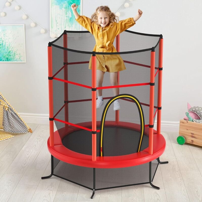 Goplus - Trampolin, Indoor-Trampolin mit Sicherheitsnetz, überdachung, verzinkte Stahlkonstruktion, Sprungmatte für Familien, Kinder (Rot)