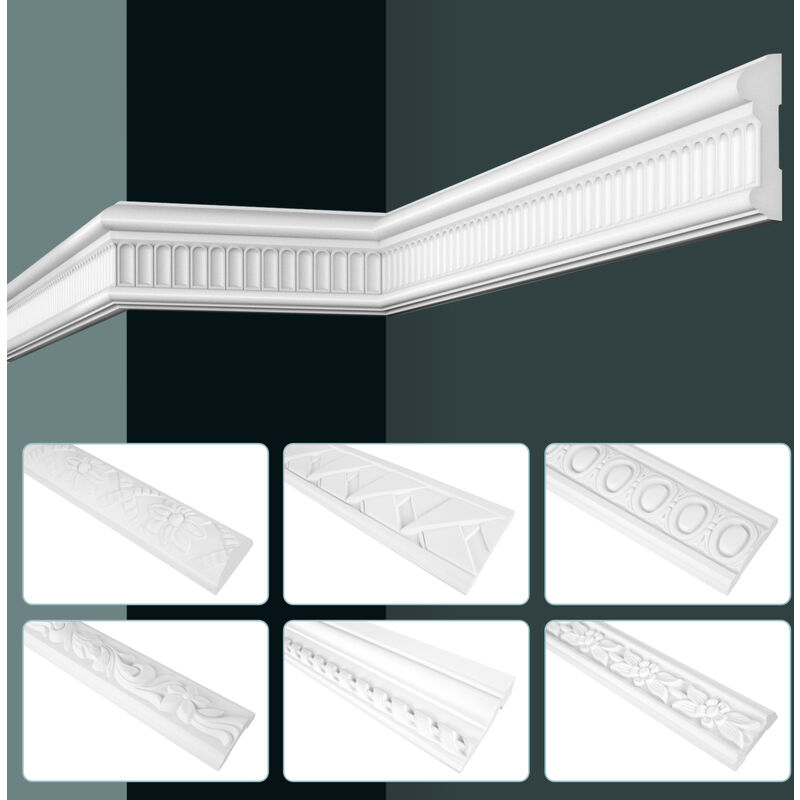 GRAND DECOR Stuckleisten Wand flach Barock Stil, PU Hartschaum weiß - 2m Wandleisten gemustert CR-Serie: 30 Meter / 15 Leisten, CR706 - 69x21mm