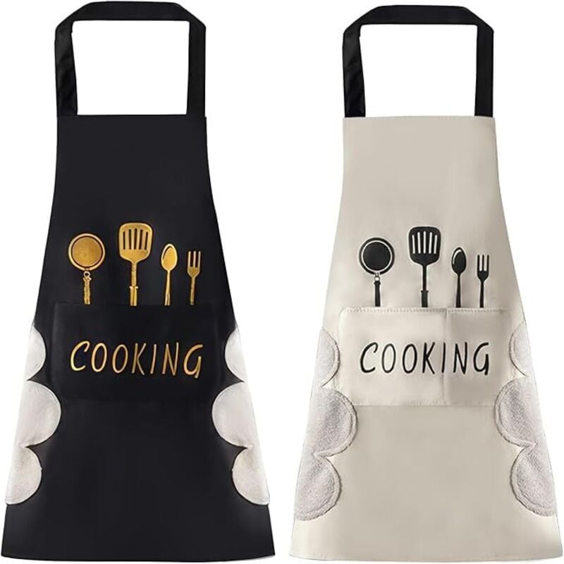 Damenschürze mit Taschen, schwarze Schürze mit großen Taschen, Händetrockner, wasserdicht, geeignet für Küche, Backen, Grillen (Schwarz + Weiß)