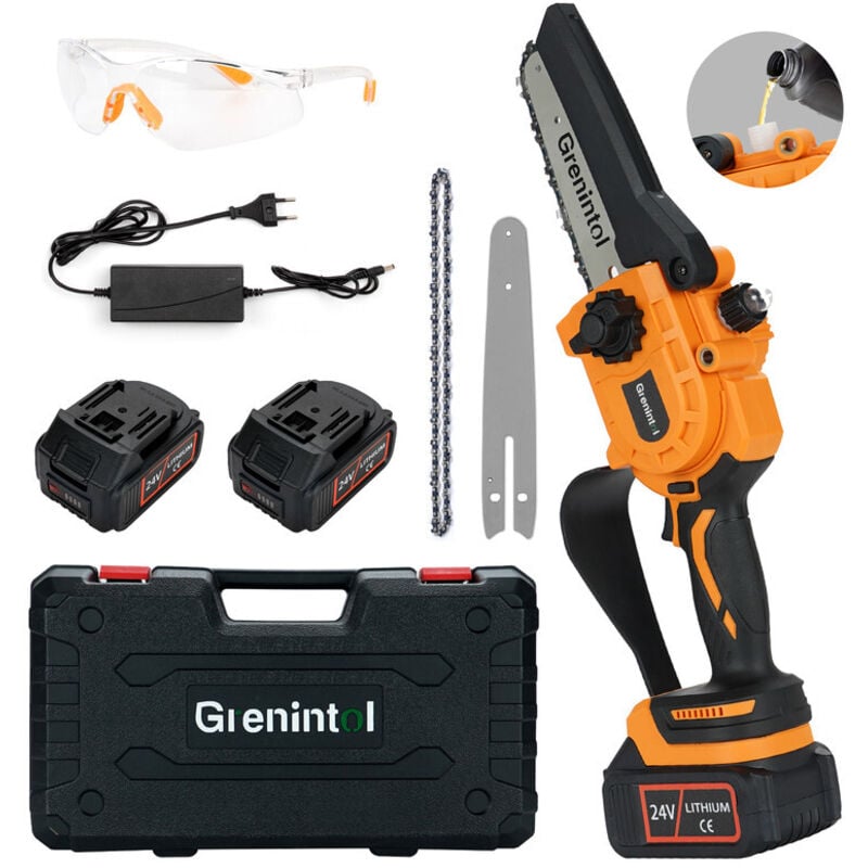 6 Zoll Mini Kettensäge, 24V Kettensäge mit 2X3000mah Batterien Tragbare Akku Kettensäge mit 2 Ketten zum Schneiden von Holz im Garten - Grenintol