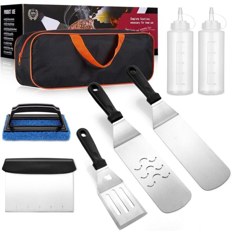 Grillzubehör-Set, 8-teilig, für Blackstone- und Camp Chef-Flachgrills, extra großes Metallspatel-Set mit Tragetasche für Grillen im Freien und Camping