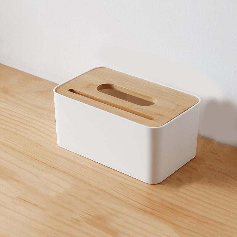 Große (21,6 x 13,4 x 10 cm) weiße Papierhandtuchbox mit Bambusdeckel für Restaurants, Toilettenpapier, Servietten und Bürobedarf