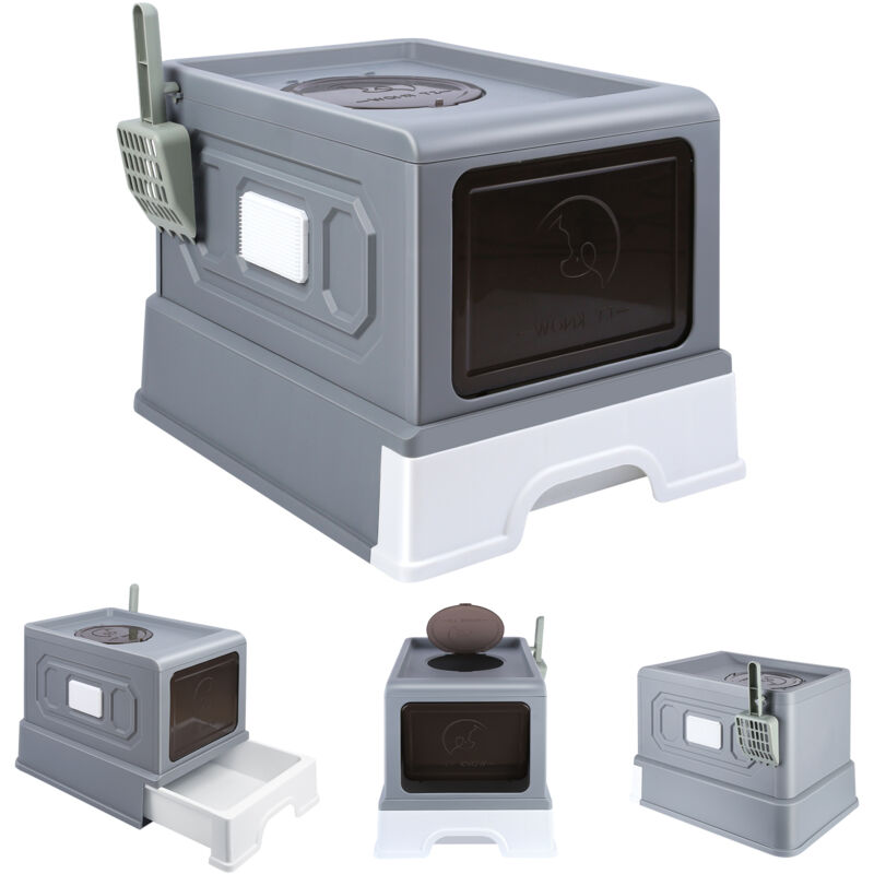 Große Katzentoilette mit Schaber an der Seite, Katzentoilette mit 2 Türen, mit Schaufel und herausnehmbarem Tablett, 36 x 51 x 34 cm, grau