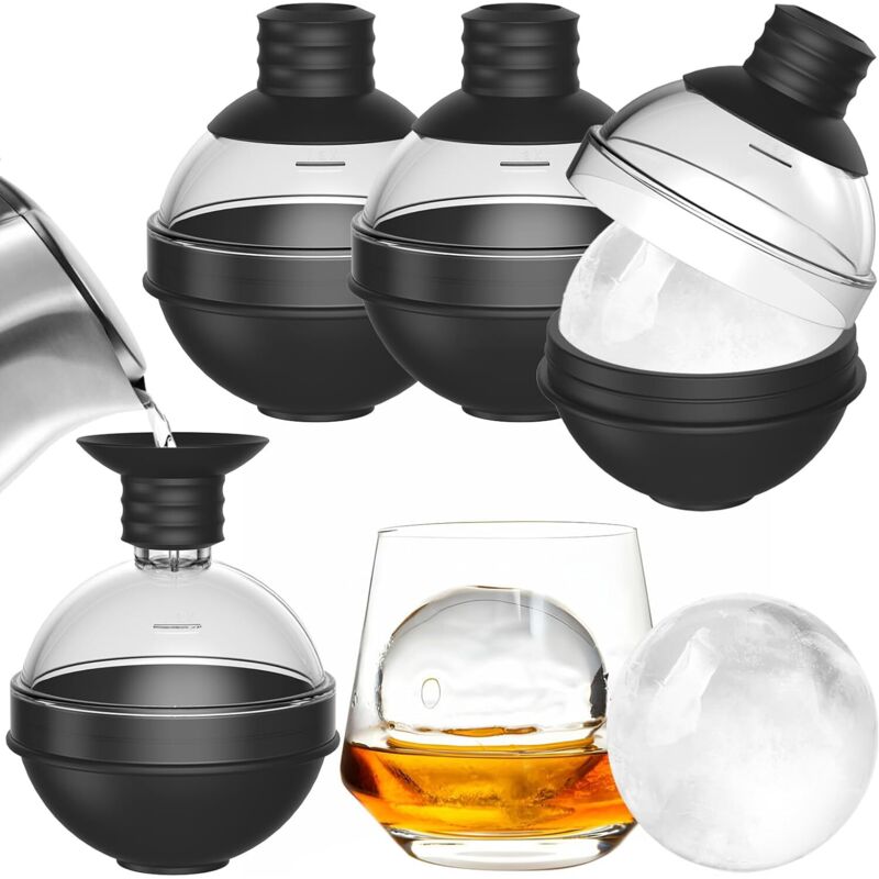 Große Silikon-Eiswürfelform für Whisky – 4er-Set mit 2-in-1-Trichterdeckel – Runde Eiswürfelformen (6 cm Durchmesser) für Bourbon-Cocktails – Leicht