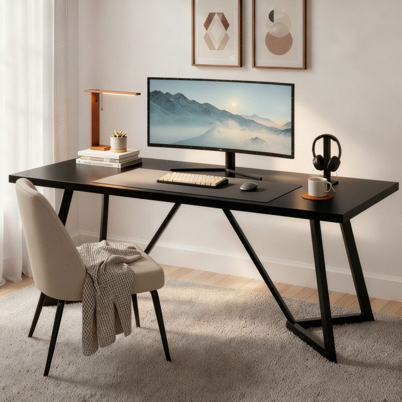 Großer 180 cm Computertisch, moderner Computertisch, seitliche Aufbewahrungstasche, moderner Computertisch, Schwarz