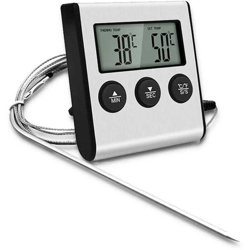 großes digitales LCD-Thermometer zum Kochen von Speisen und Fleisch, für Smoker, Backofen, Grill, Uhr und Timer mit Edelstahl-Temperaturfühler