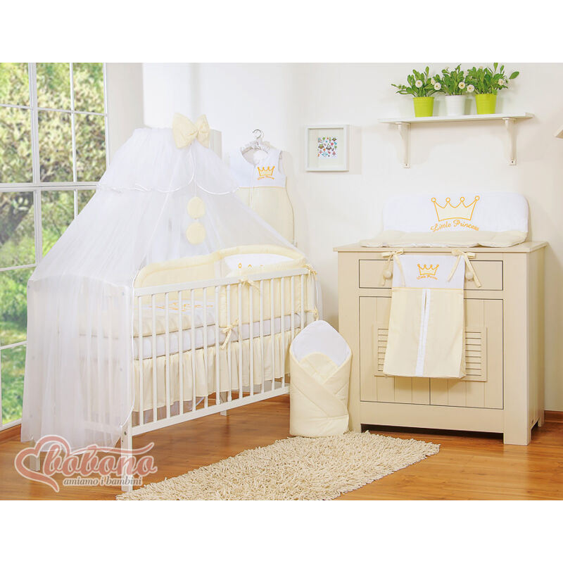 Großes Moskitonetz für ein Babybett aus weißem Chiffon mit Ringen und einer Schleife - cremefarbene Anhänger