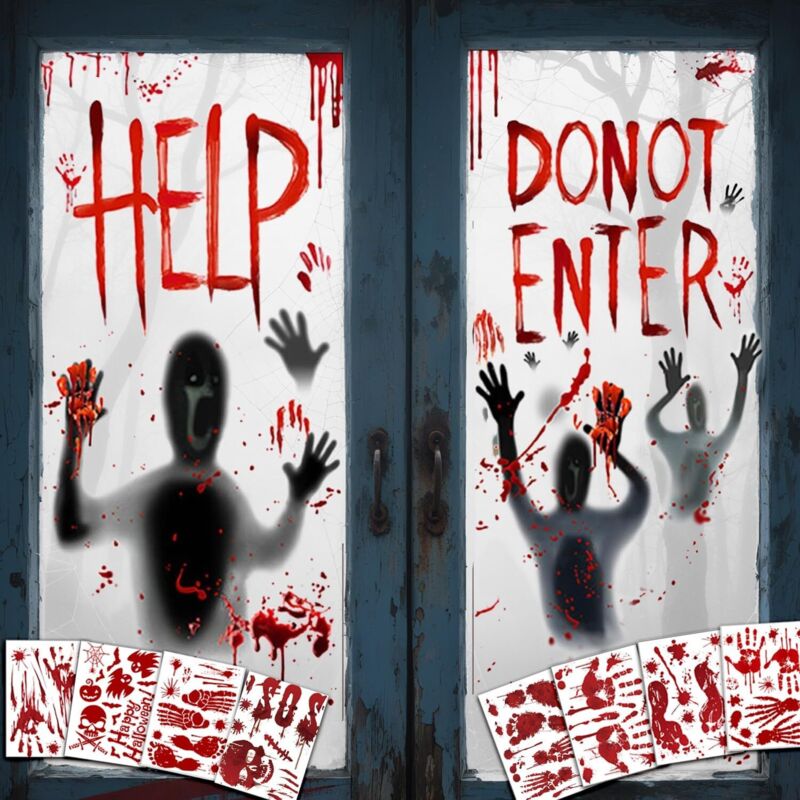 Gruselige Halloween-Fensterdekoration, 10 blutige Halloween-Aufkleber, Tür- und Fensterdekoration für Halloween, für Innenfenster, Halloween-Party