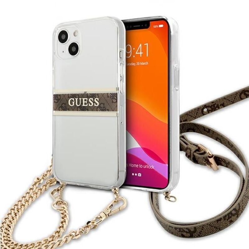 Guess GUHCP13SKC4GBGO iPhone 13 mini 54 Transparentes Hardcase 4G Braunes Armband Goldkette
