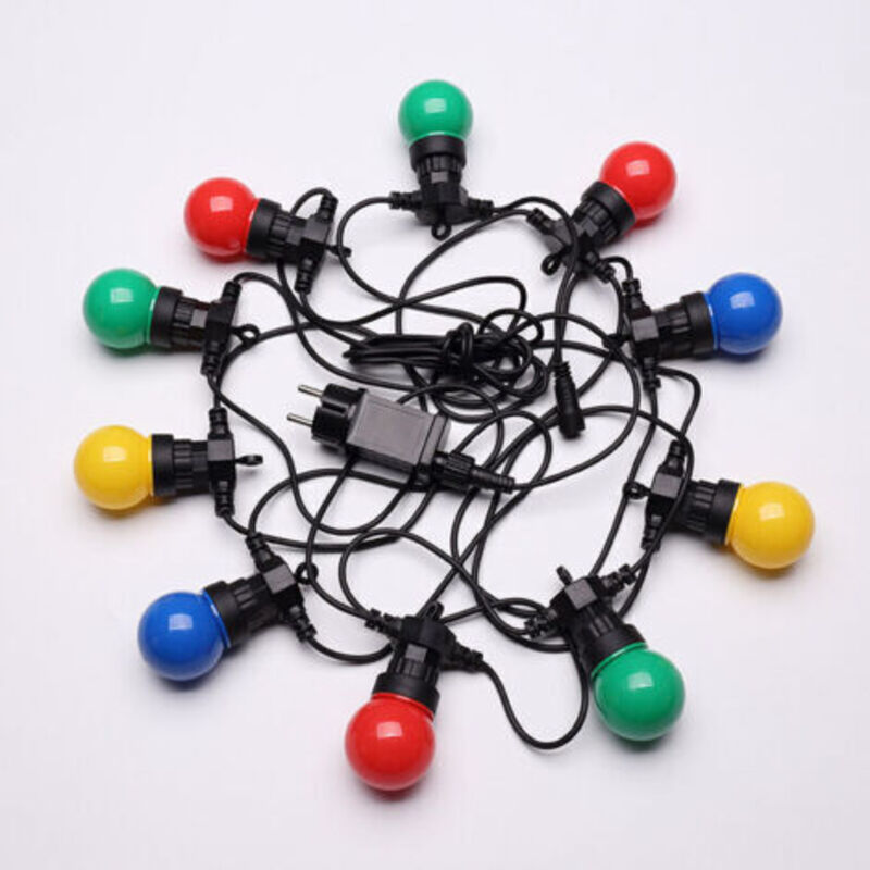 5 m mehrfarbige IP65-Lichterkette – elektrische Lichterkette für den Außenbereich, 10 Glühbirnen, Blau, Rot, Gelb, Grün – romantische Dekoration für