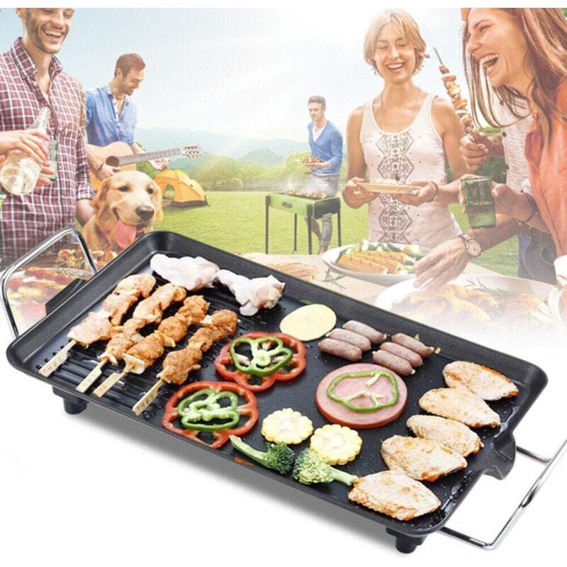 Gusseisengrill 1350W, antihaftbeschichtete Heizplatte, BBQ-Grill, Elektrogrill, Tablett