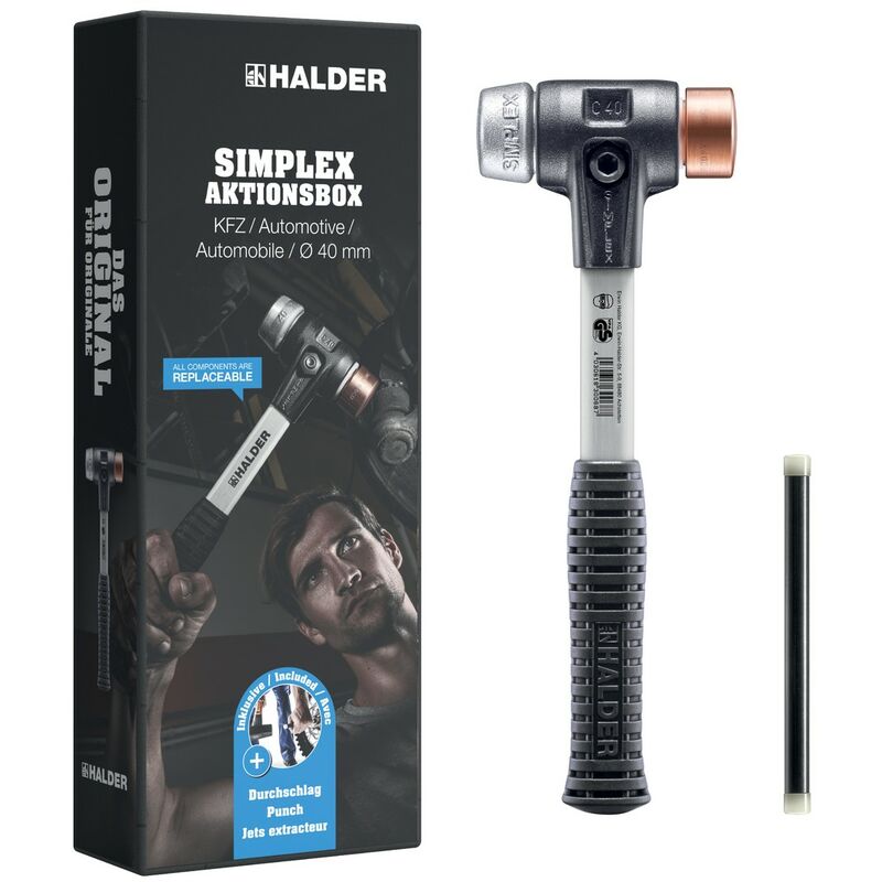 Simplex Aktionsbox kfz Schonhammer ø 40 mm Kupfer / Weichmetall und Durchschlag - Halder