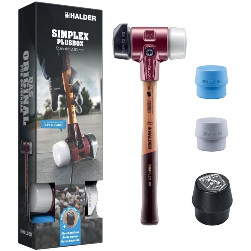 SIMPLEX-Plusbox Starterkit, SIMPLEX-Schonhammer D60, Gummikomposition mit Standfuß / Superplastik sowie je ein TPE-soft und TPE-mid Schlageinsatz