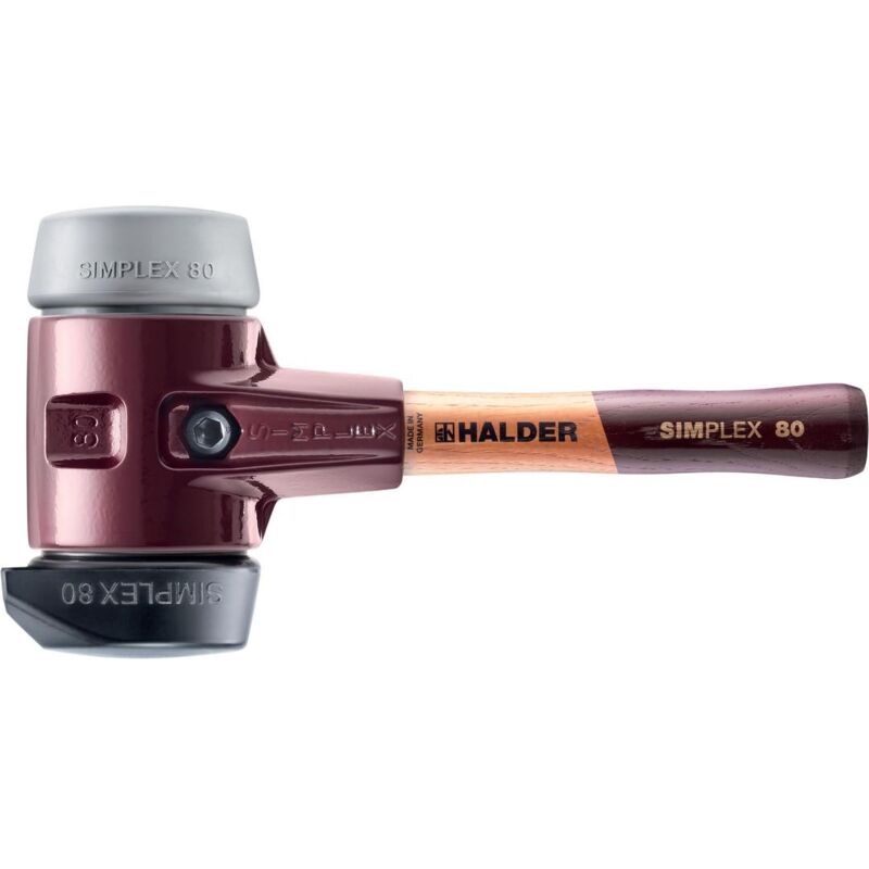 SIMPLEX-Schonhammer, Gummikomposition, mit Standfuß / TPE-mid mit Tempergussgehäuse und hochwertigem extra kurzen Holzstiel D=80 mm /