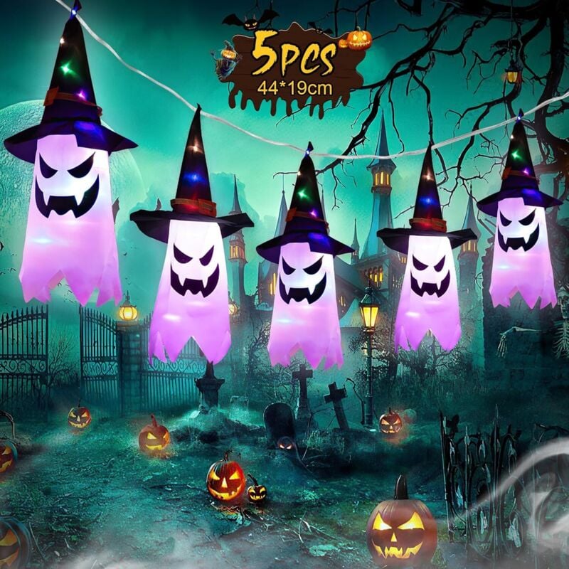 Halloween Außendeko Licht Weiß, 5 Stück Hängendes Gespenst mit Hexenhut, Halloween Lichter Deko Lichterkette Dekor für Außen Innen