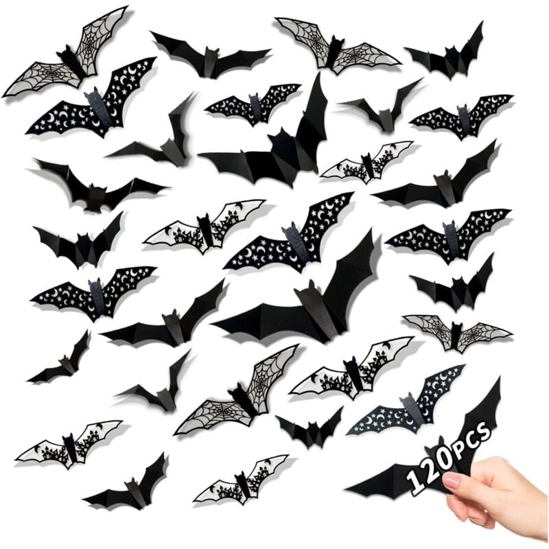 Bluedeer - Halloween Deko, 120 Stück 3D Schwarze Fledermäuse Home Room Decor Wand Fenster Aufkleber für Halloween Party Deko, Fledermaus Deko