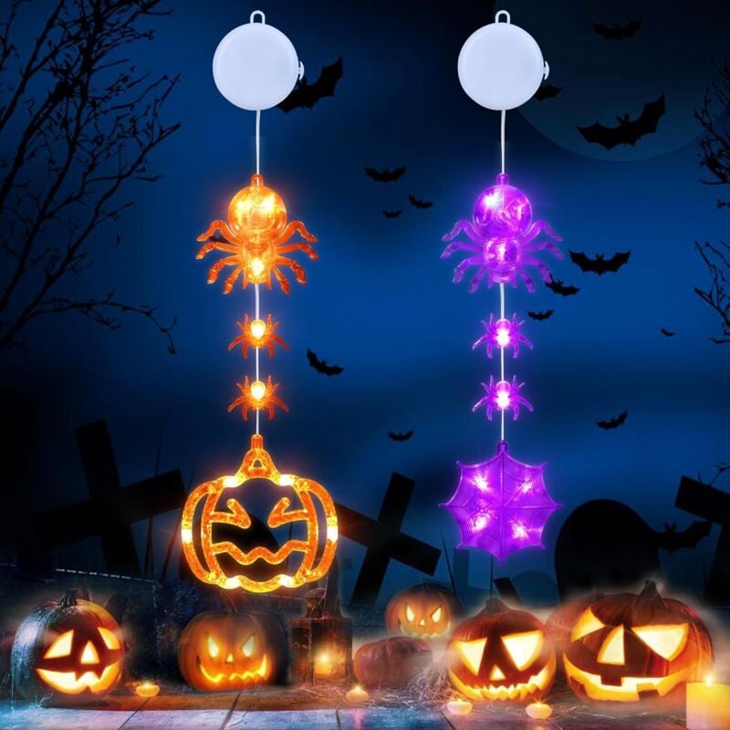 Halloween Deko - 2 Stück Halloween Fensterlichter mit Kürbis Spinnen Netz, 2 Modi, Timer, LED Batterie Lichterkette mit Saugnäpfe für Fenster Innen