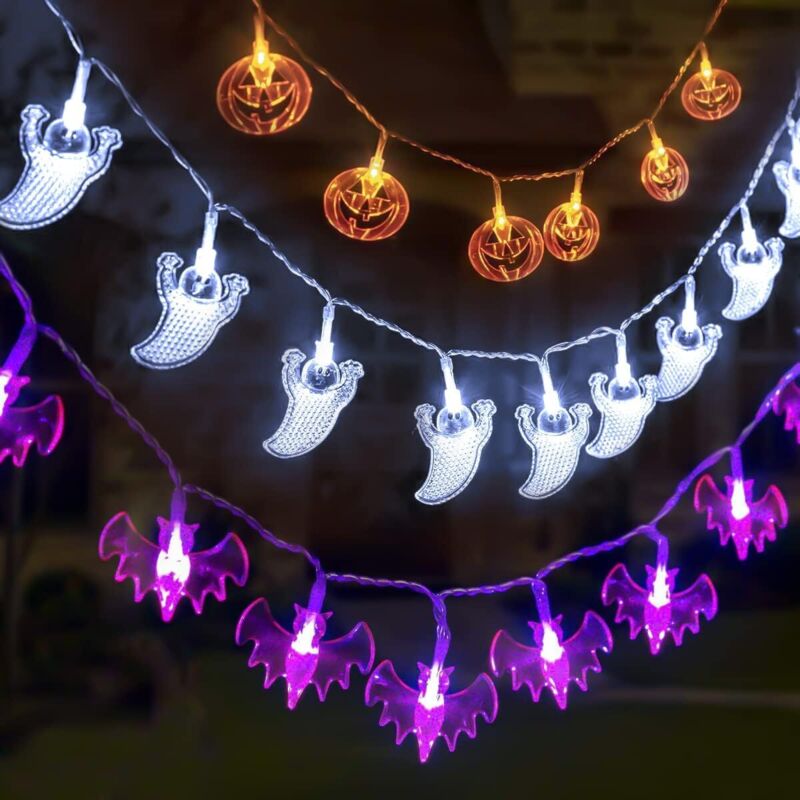 Bluedeer - Halloween Deko, 3 Stück Halloween Lichterkette Batterie 3 Meter 20 led Orange Kürbisse, Lila Fledermäuse, Weiße Geister Lichterkette für