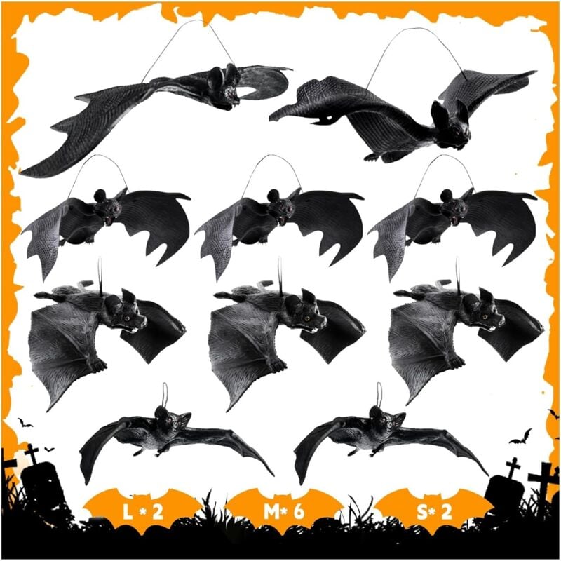 Halloween Deko Fledermaus Deko Set,10 Stück 3D Fledermäuse Hängend Gruselig Halloween Deko Outdoor Indoor, Wasserdichtes PVC 5 Größen,Horror